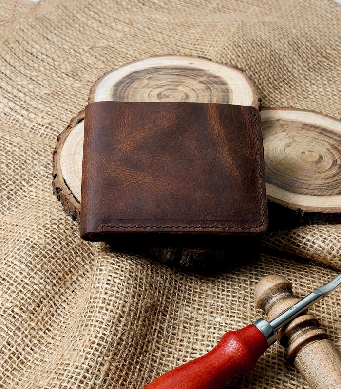 Artisan Style Crunch Brown ! Rustic Crunch Artisan Matte Waxed Leather Wallet – Bold Crunch Texture - Image 1